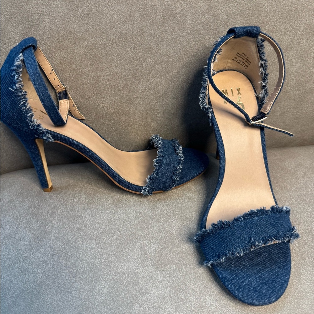 Mix No. 6 Denim Fringe Ankle Strap Heels 9.5